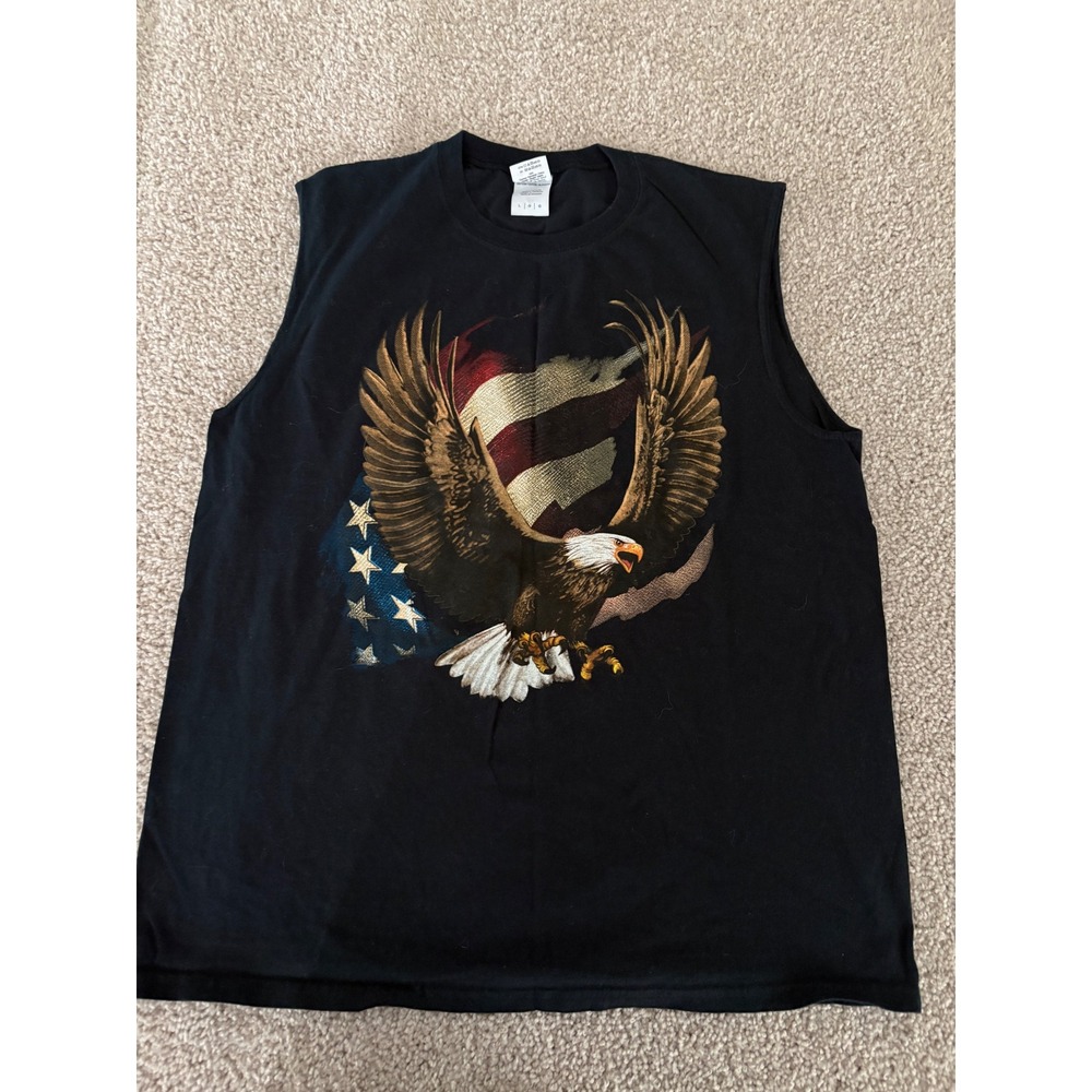VTG Gildan Ultra Cotton American Flag Eagle Muscle Tee Sleeveless Shirt Black L
